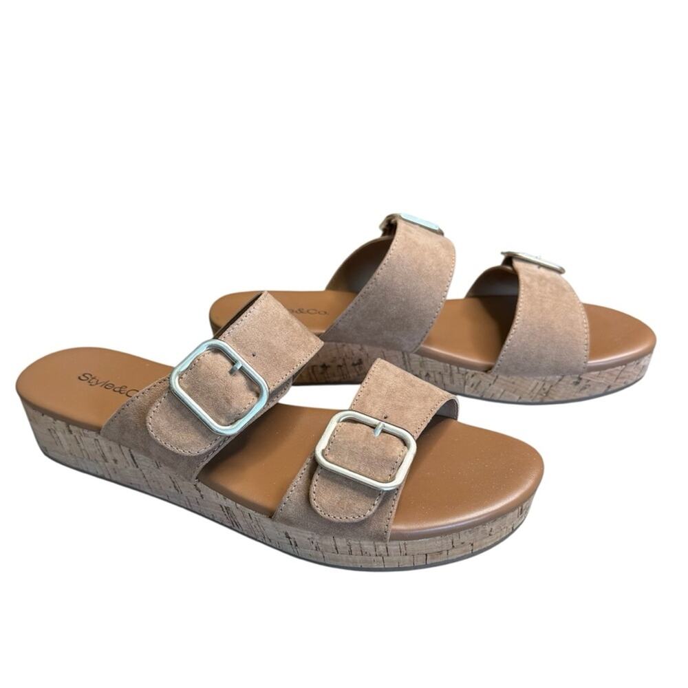 STYLE & CO. Women’s Tan Temppestt Cork Wedge Sandals with Buckle Detail
